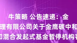 牛策略 公告速递：金鹰基金管理有限公司关于金鹰碳中和混合发起式基金暂停机构客户大额申购